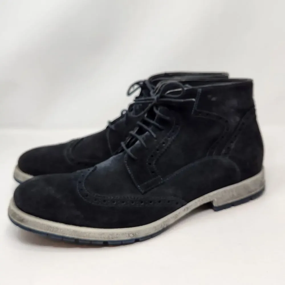 Navy Blue Suede Oxford Brogue Ankle Boots Men Size 45 US 11.5 Lace Up Italian